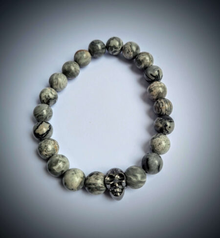 Grey Jasper Crystal Bracelet with Skull Charm 8mm Wexford (1)